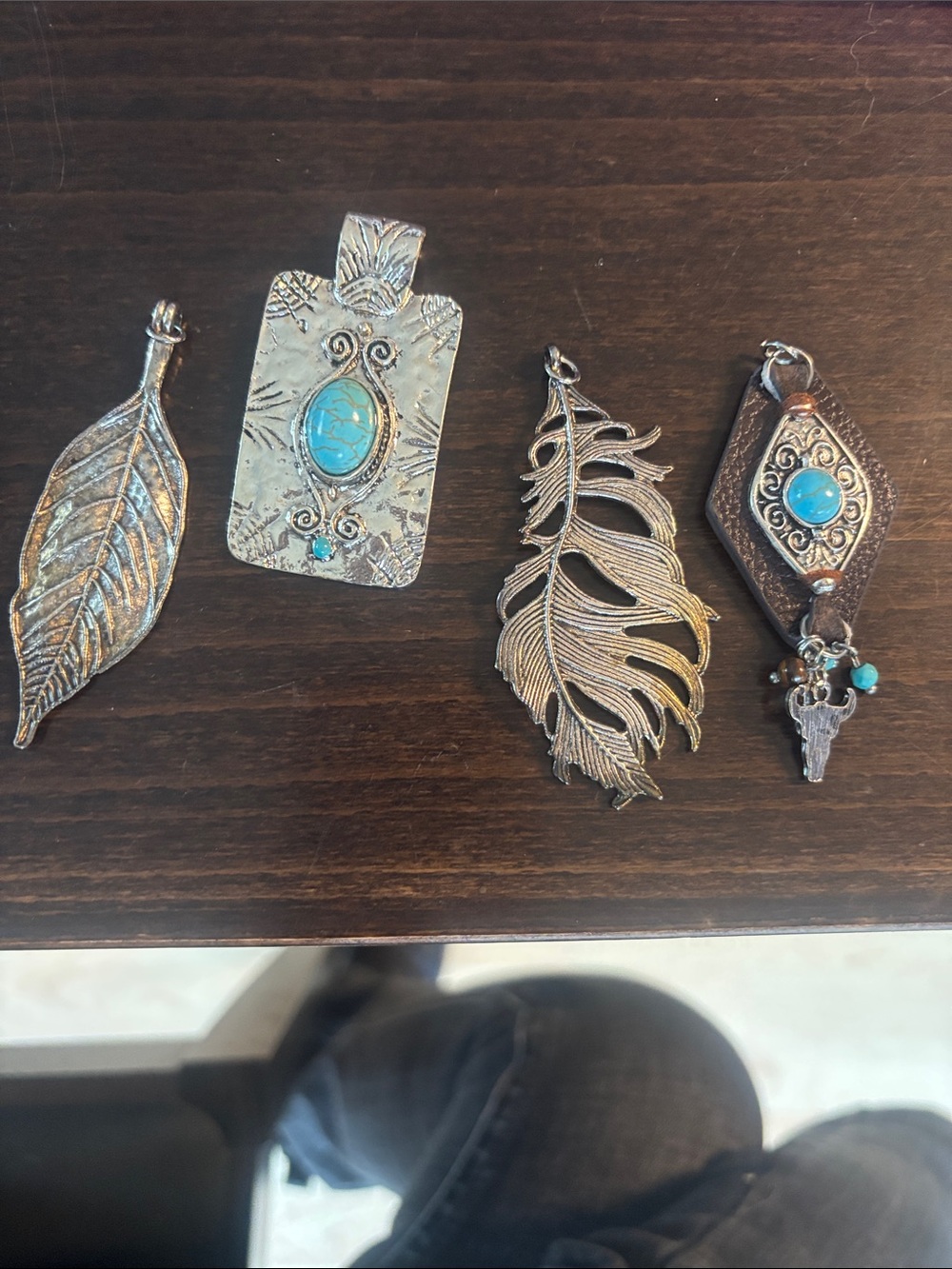 Silver-Tone Turquoise Feather and Pendant Accent Set